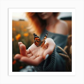 Butterfly In A Woman'S Hand Art Print