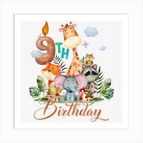 Kids 9th Birthday Boys Girls 9 Years Old Safari Jungle Animal Zoo Art Print