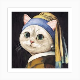 Cat With Pearl Earring Art Print