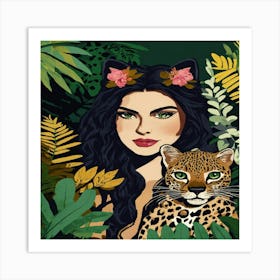 Leopard And Girl In Jungle Art Print