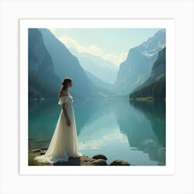 Lady Standing Alone By The Mountain Lake Art Print