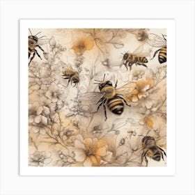 Bees, Sketch Drawing Style Art Print