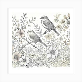 Spring Garden With Birds Surrounded By Flowers And Leaves, Sketchy Line Drawing, Painting Art Art Print