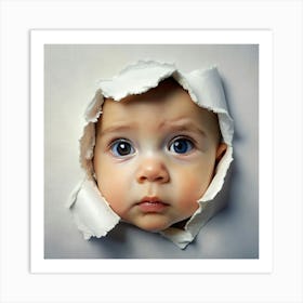 Baby Looking Out From A Hole In White Paper Art Print