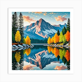 Autumn Mountain Lake Reflection Cubism Style Art Print