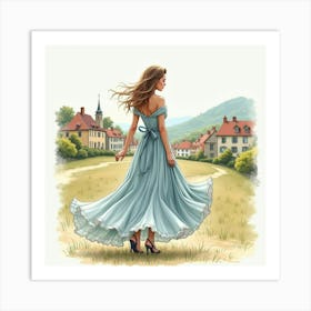 Stylish Dress In Watercolor, With A Quaint Village Backdrop 1 Art Print