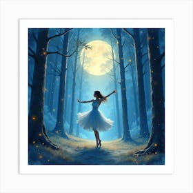 Watercolor Scene Of Dancer In An Enchanted Moonlit Forest 1 Art Print