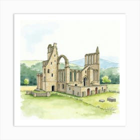 Watercolor Scene Of The Bolton Abbey In Yorkshire, Highlighting Its Picturesque Ruins And Tranquil Landscape Art Print