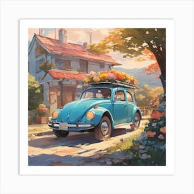 Honeymoon Hippie Hop: Cruisin' in a Flower-Powered Love Bug Art Print