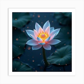 A Dreamy Lotus With Petals Of Shimmering, Bioluminescent Light Floating In A Celestial Garden Art Print