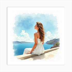 Watercolor Illustration Of A Beautiful Greek Woman Enjoying A Serene Seaside View 1 Art Print