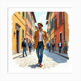 Stylish Italian Man In Watercolor, Exploring The Vibrant Streets Of Florence Art Print