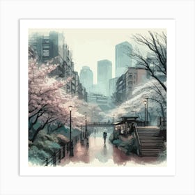 "Tokyo Rainfall" | Rainy, Umbrellas, Gloomy, Cityscape, Tokyo, Japan, Artwork, Wall Art, Watercolor, Aesthetic, Zen, Lofi, Anime Art Print