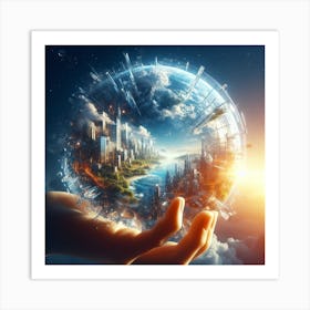 Hand Holding A Globe With City Art Print