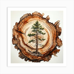 Watercolor Of An Ancient Gnarled Pine Tree Trunk Highlighted By Prominent Rings And Rough Texture Art Print