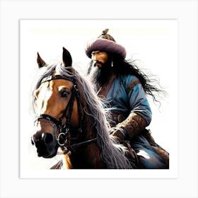 Mongolian Rider Oon A Horse Color Detail Drawing 1 Art Print