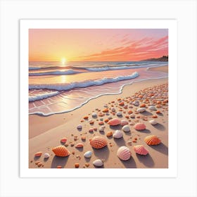 Sea Waves At Beach Ocean With Shells (1) Art Print