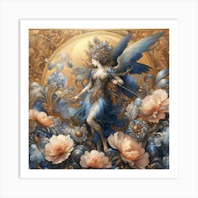 Angel Beauty In Flowers And Gold Creative Detail Drawing 1 Art Print