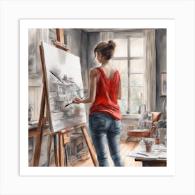 Woman Paints In Her Studio Art Print