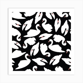 White Swan Pattern On Black Square Art Print