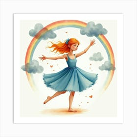 Dancer In Watercolor Floating Clouds And Rainbows 1 Art Print