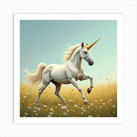 A Golden Horned Unicorn Galloping Through A Field Of Wildflowers Art Print