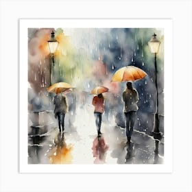 Watercolor Of People Walking In The Rain Art Print