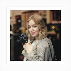 Firefly Young Lady, Posing, Camera, Blurry Effect, Shop Window, Retro Style, Minimal Colors, Soft Fo (8) Art Print