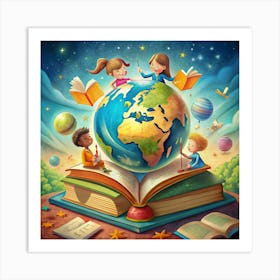 Children Reading Books Around A Globe Art Print