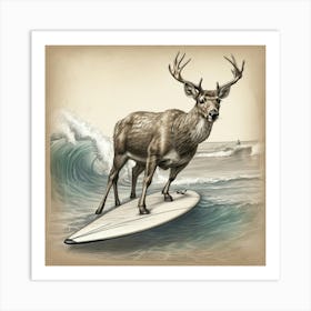 Deer On Surfboard 3 Art Print