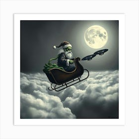 Green Santa Claus Over Clouds Art Print