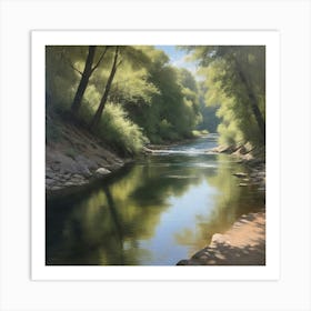 A realistic oil painting of a river, capturing the play of light and shadow on the water's surface and the intricate textures of the surrounding landscape. 1 Art Print