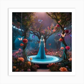 fashion, Surreal fashion garden, plant mannequins, giant flowers, organic dresses, twisted trees, cyber butterflies, psychedelic sky, colorful mist, floating lighting, enchanted podium, colors that change at the touch. 4 Art Print