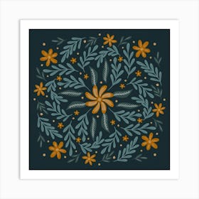 Circular Flowers and Branches - indigo and orange Art Print