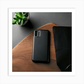 Firefly Sleek Black Leather Phone Case On Minimal Workspace 67969 Art Print