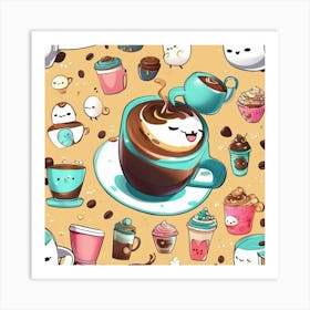 Kawaii Coffee cat Art Print