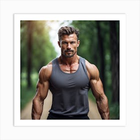 Muscular Man In The Forest Art Print