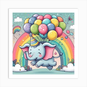 Cartoon Elephant With Balloons Art Print