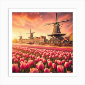 Amsterdam S Iconic Windmills Standing Tall Amidst Vibrant Tulip Fields, Style Dutch Golden Age 2 Art Print