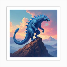 Titan Monster On A Watercolor Mountain Peak With Vibrant Skies 1 Art Print