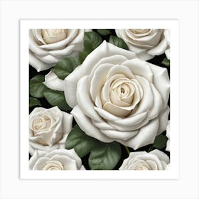 White Roses On Black Background Art Print