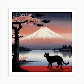 Cat In Front Of Fuji Art Print