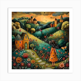 Little Girl In The Garden, Naive, Whimsical, Folk Art Print