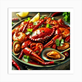 A Close Up Of A Plate Of Spicy Seafood, Including Art Print