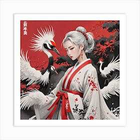 Chinese Girl With Cranes Art Print