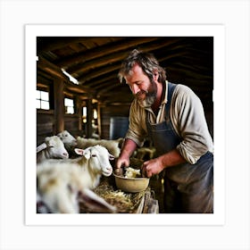 Man Feeding Sheep In A Barn Art Print