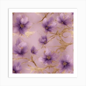 Seamless Pattern Of Elegant Lavender Floral Motifs In Pink, Adorned With Gold Lines Art Print