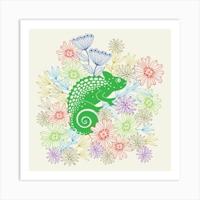 CHAMELEONS JUST WANNA HAVE FUN Cute Rainforest Reptile Line-Drawing Floral in Jungle Green Red Purple Blue Yellow Art Print