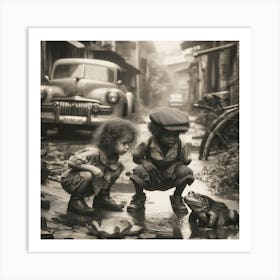 Two Children Playing With A Frog Art Print