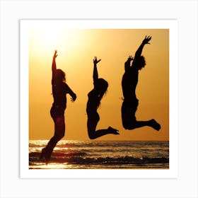 Silhouette Of Friends Jumping At Sunset Art Print